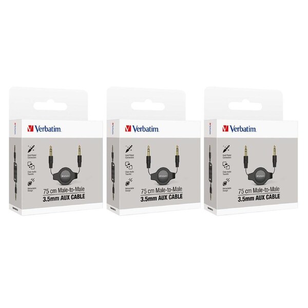 3PK Verbatim 3.5mm AUX Gold Plated Retractable Tangle Free Audio Cable 75cm Blk