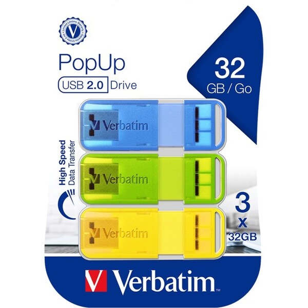 3pc Verbatim Pop-Up USB Sticks 2.0 32GB Triple Pack Bright Colours 57x9mm Assort