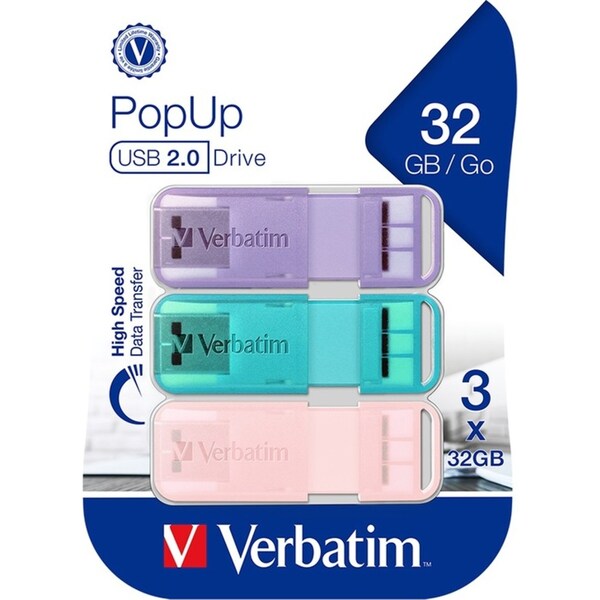 3pc Verbatim Pop-Up USB Sticks 2.0 32GB Triple Pack Pastel Colours 57x9mm Assort