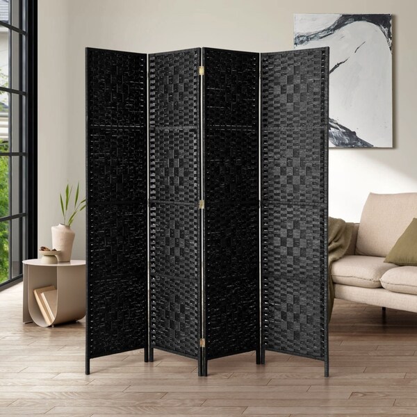 Oikiture 4 Panel Room Divider Screen Privacy Dividers Woven Wooden Folding Black