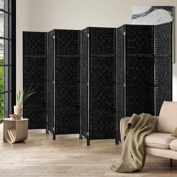 Oikiture 8 Panel Room Divider Screen Privacy Dividers Woven Wooden Folding Black