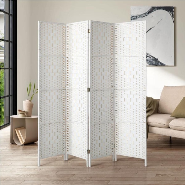 Oikiture 4 Panel Room Divider Screen Privacy Dividers Woven Wooden Folding White