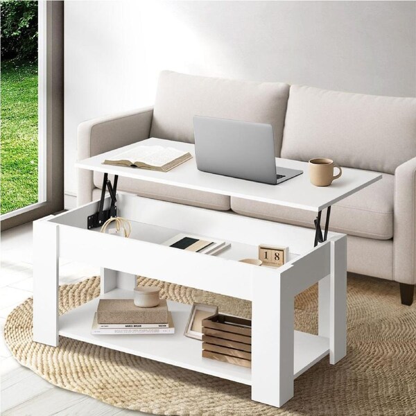 Oikiture Coffee Table Lift Up Top Modern Tables Hidden Book Storage White