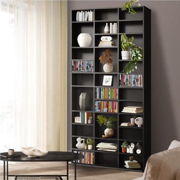 Oikiture Display Shelf Bookshelf Bookcase CD DVD Storage Media Stand Rack Black