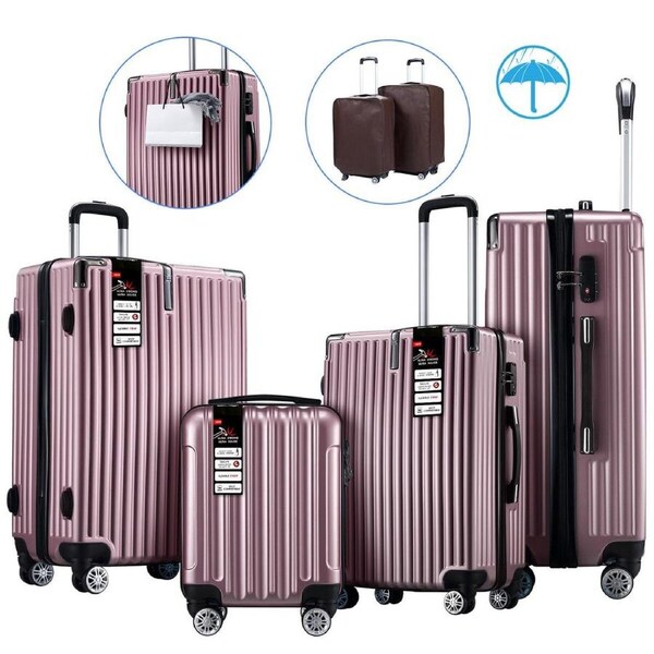4 Piece Luggage Set Carry On Traveller Suitcases Hard Shell Rolling Trolley Checked Bag TSA Lock Front Hook Lightweight Rose Gold