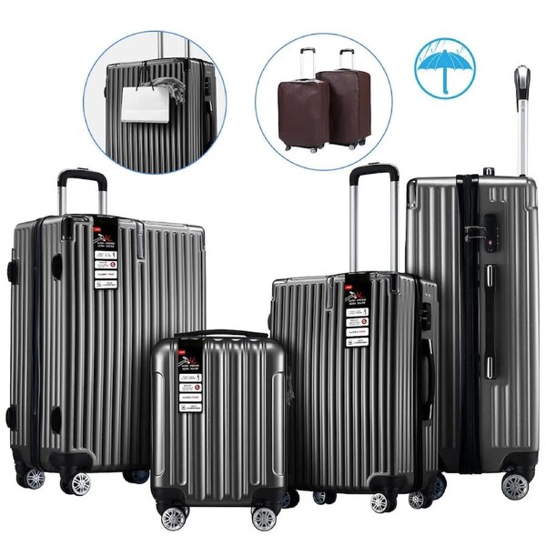 Luggage Suitcase Set 4 Piece Hard Shell Traveller Bag Carry On Rolling Trolley Checked TSA Lock Front Hook Lightweight Iron Grey
