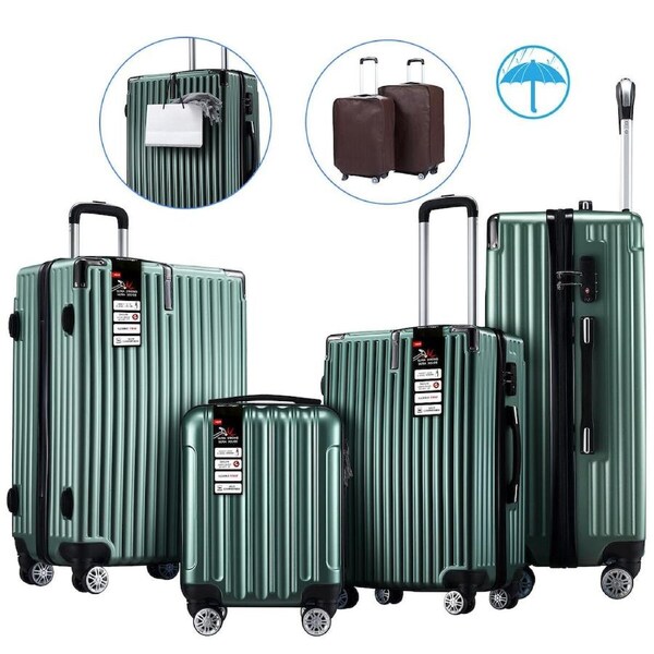 4 Piece Luggage Set Carry On Suitcase Traveller Bag Hard Shell Rolling Trolley Checked TSA Lock Front Hook Lightweight Dark Green