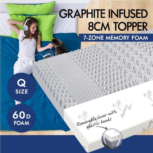 STARRY EUCALYPT 8cm Memory Foam Topper 7 Zone Bed Mattress Graphite Cool Gel Bamboo Cover Queen