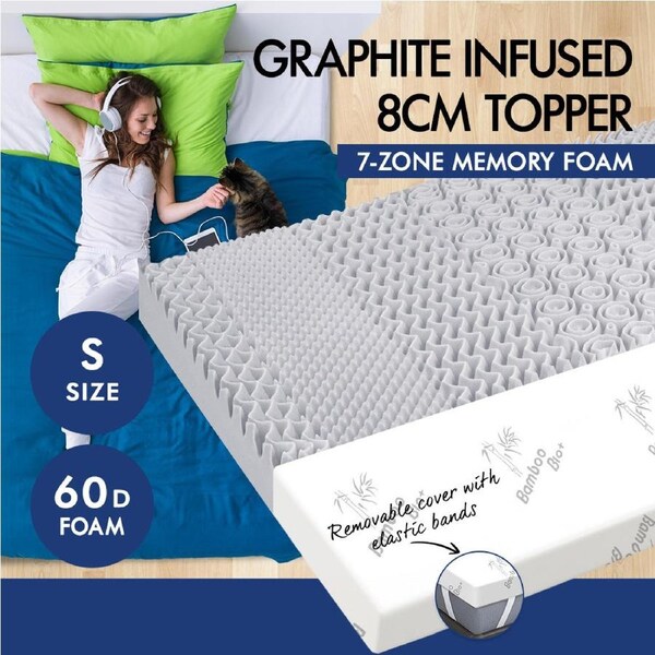 STARRY EUCALYPT 8cm Memory Foam Topper 7 Zone Bed Mattress Graphite Cool Gel Bamboo Cover Single