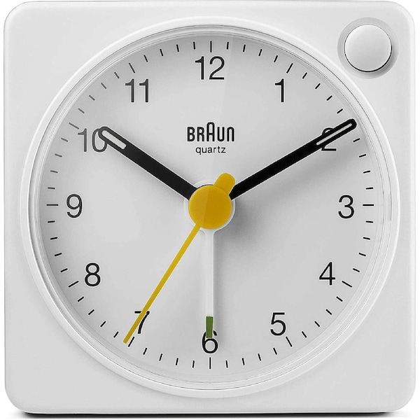 Braun Classic Travel Analogue Clock with Snooze and Light, Compact Size, Quiet Quartz Movement, Crescendo Beep Alarm in White, Model BC02XW, One
