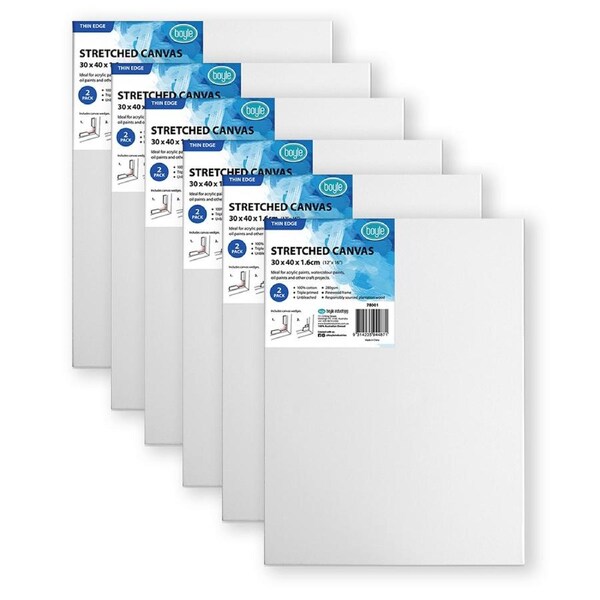 6PK Boyle Thin Edge 30x40cm/12x16" Stretched Canvas 280gsm For Acrylic/Oil Paint