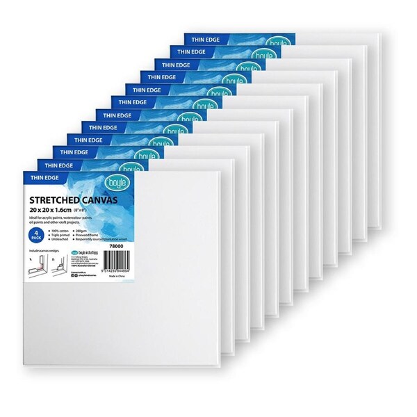 12PK Boyle Thin Edge 20x20cm/8x8" Stretched Canvas 280gsm For Acrylic/Oil Paint