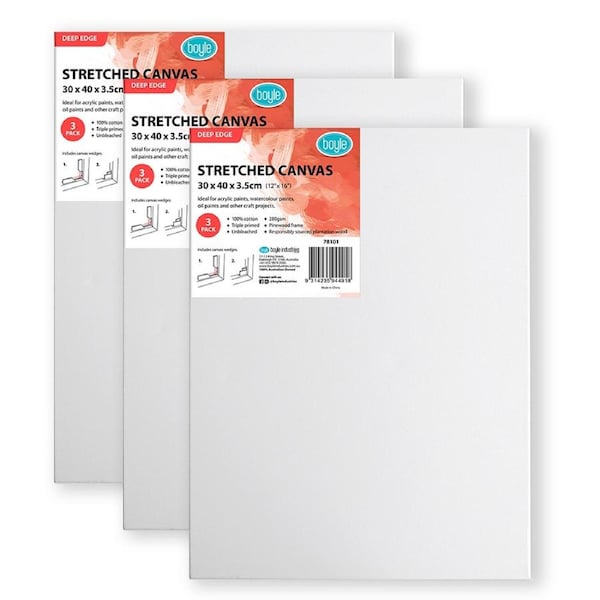 3PK Boyle Deep Edge 30x40cm/12x16" Stretched Canvas 280gsm For Acrylic/Oil Paint