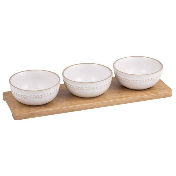 Ivory 4pc Dip & Snack Bowl Set with Bamboo Tray