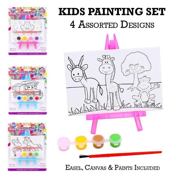 4PK Kids Painting Set Mini Canvas Easel Paint Water Colouring Brush Artist