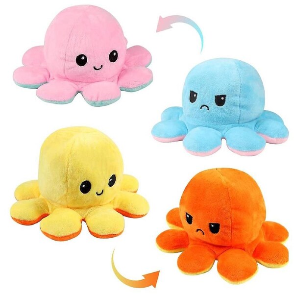 4-Pack Reversible Octopus Plush Toy Adorable 20cm Double-Sided Doll, Happy Angry Octopus Stuffed Animals Doll