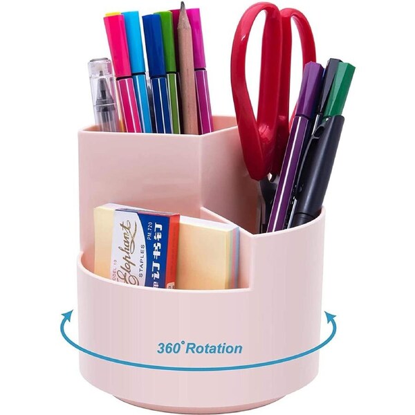 360 degree rotating multi-functional pen holder with 3 separate layer for office desk organiser (Pink)