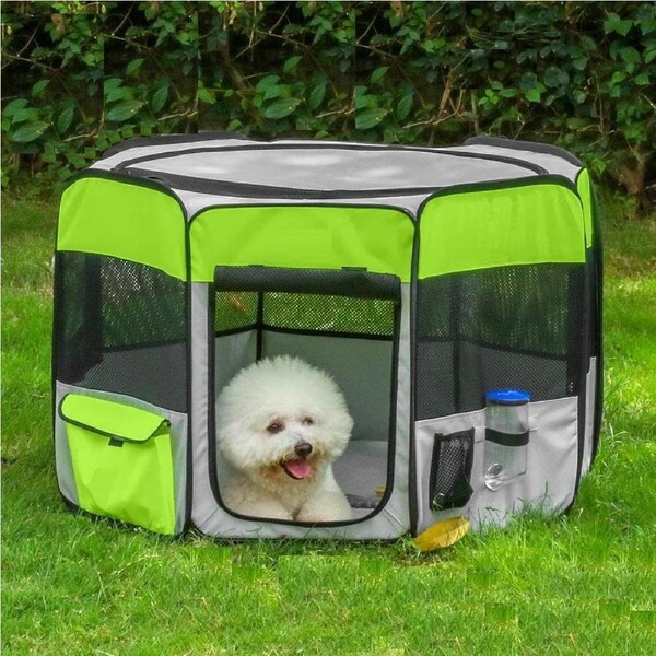 Foldable Playpen for Dog/Cat/Puppy , Removable Mesh Shade Cover (L, Grey&Green)