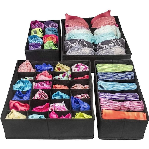 4 Pack Foldable Drawer Dividers Storage Boxes (Black)