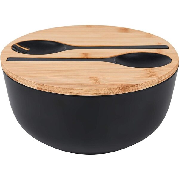 Bamboo Fiber Salad Bowl with Servers Set (Black)