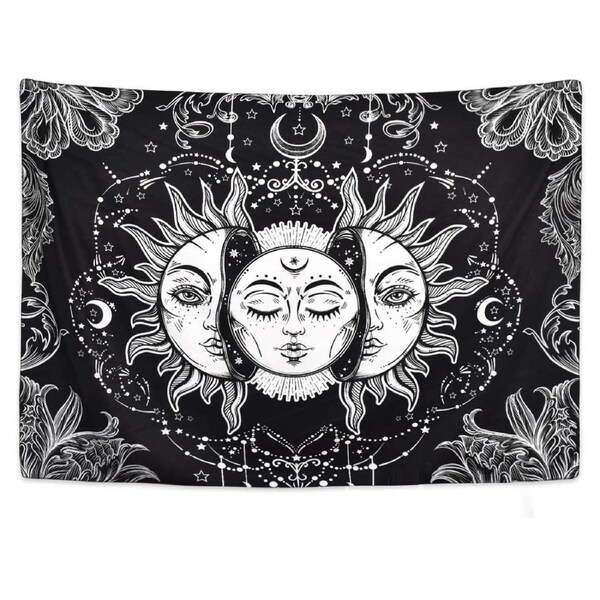 Psychedelic Sun and Moon Tapestry (Black and White)