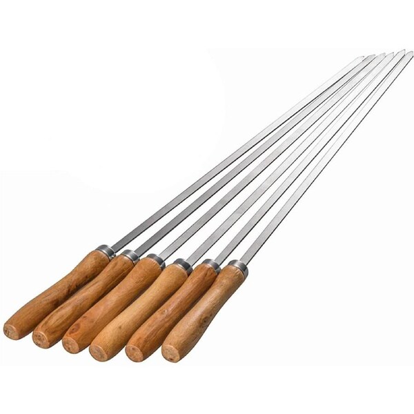 6 Pack Flat Blade Barbecue Shish Kebab Skewers of Stainless Steel with Wooden Handle