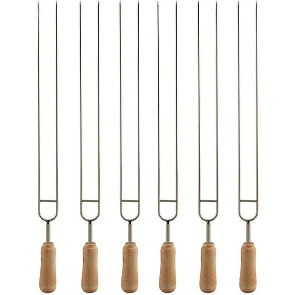 6 Pack Double Prongs BBQ Skewers Barbecue Shish Kebab Skewers of Stainless Steel with Wooden Handle