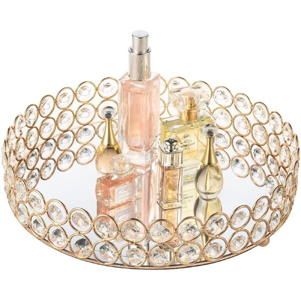 Crystal Beads Cosmetic Round Tray Jewelry Organizer (Gold)