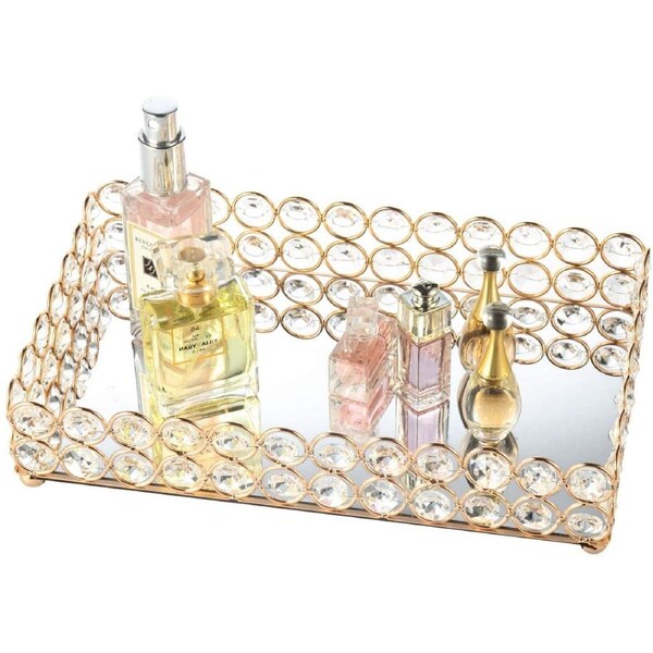 Crystal Beads Jewelry Holder Tray Makeup Organizer Tray (Gold)