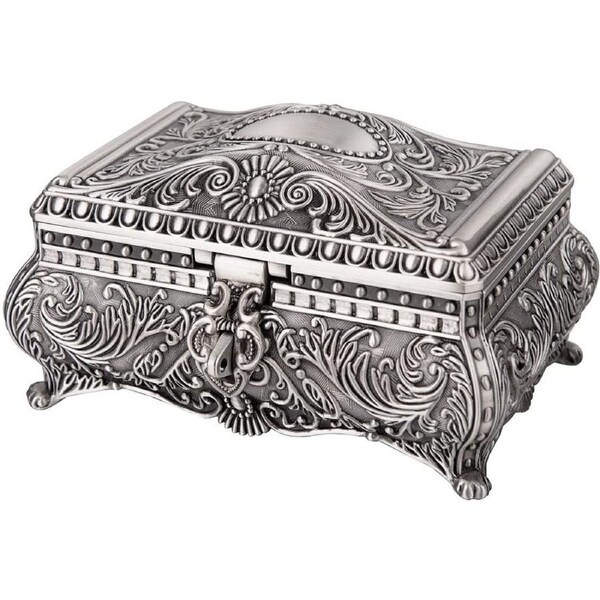Antique Trinket Box Rectangle with Metallic Floral Engraved with Dividers Inside (Large)
