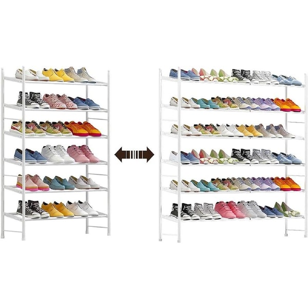 6 Tier Shoe rack, Metal Iron, Expandable, Adjustable (White)