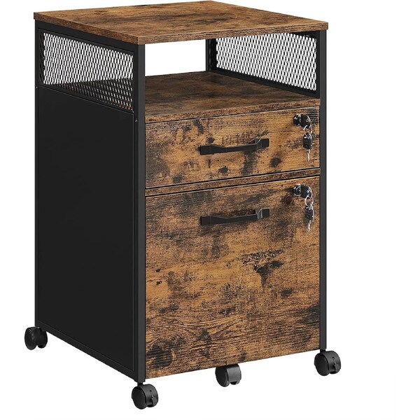 Rustic Brown and Black Industrial Style File Cabinet with Lock - 2 Drawer Hanging File Folder Storage