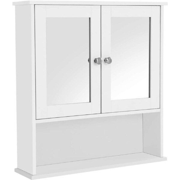 White Double Mirror Doors Bathroom Cabinet, Wall Cabinet, Wall-Mounted Storage Unit with Adjustable Height Shelves - 56 x 13 x 58 cm
