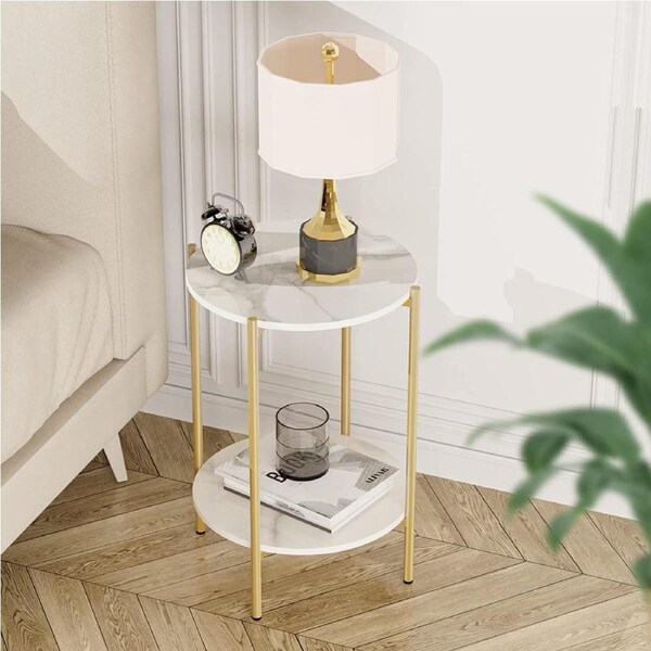 2 Tier Round Bedside table, Marble (Gold)