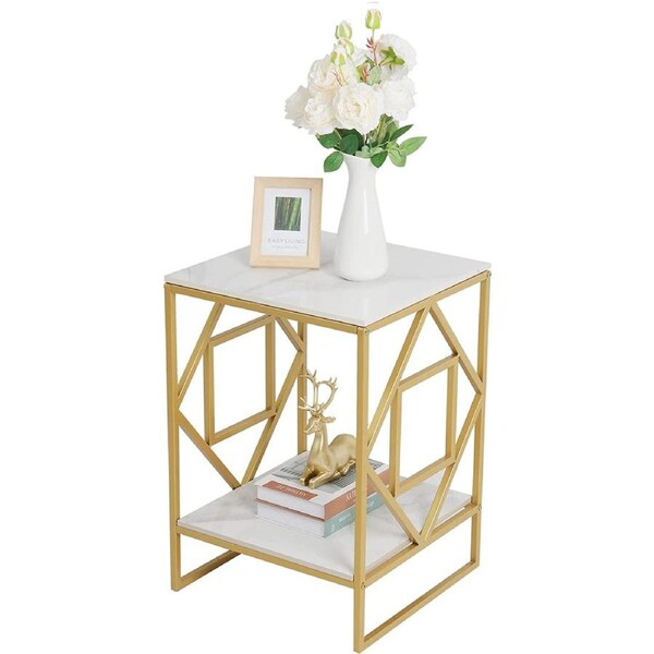 2 Tier Square Bedside table, Marble (White)