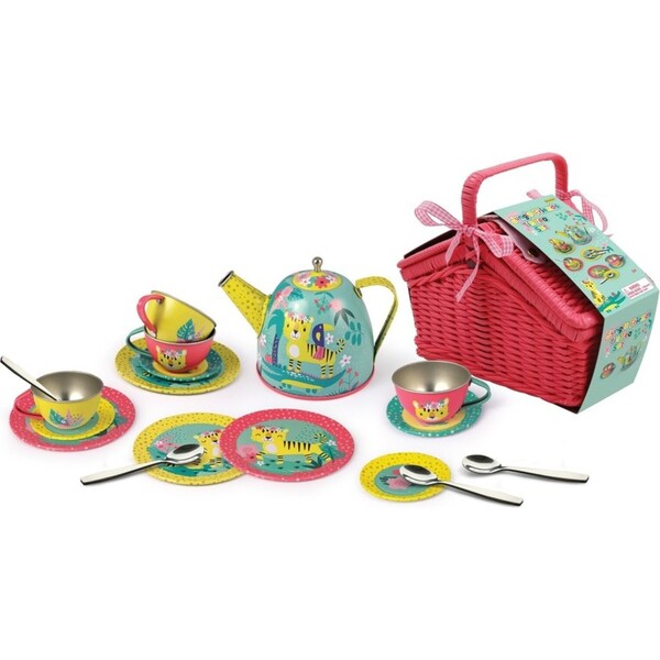 18pcs Kaper Kidz Tiger Themed Kids Pretend Play Tin Tea Set In Picnic Basket 3y+