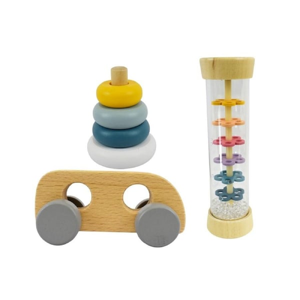 Kaper Kidz Calm & Breezy Baby Wooden Tuber/Car/Stacking Rings Play Toy Set 18m+