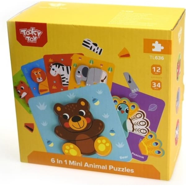 Tooky Toy 6 In 1 Mini Wooden Kids/Toddler Learning Animal Puzzle Play Set 12m+