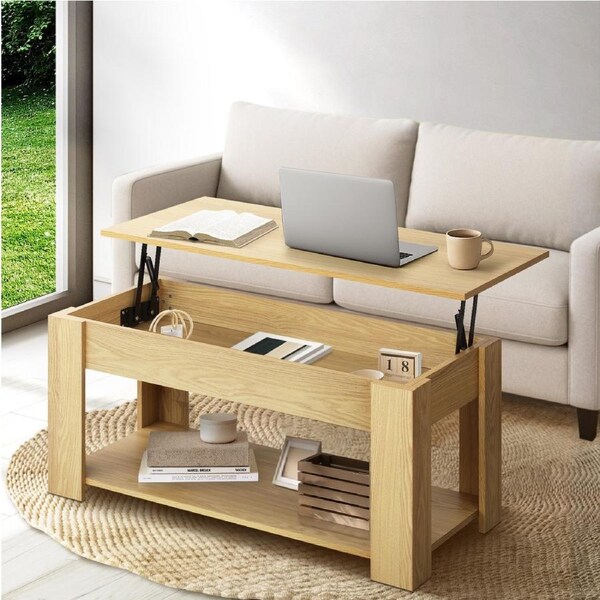 Oikiture Coffee Table Lift Up Top Modern Tables Hidden Book Storage Natural