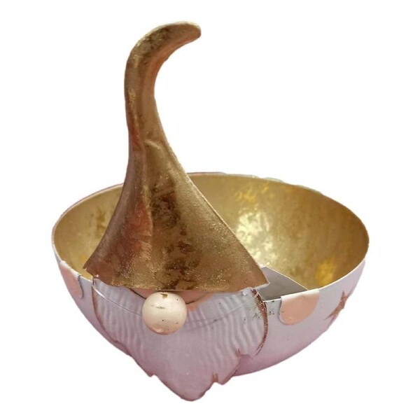 Christmas Metal Gnome Santa Gold Glitter Bowl Small