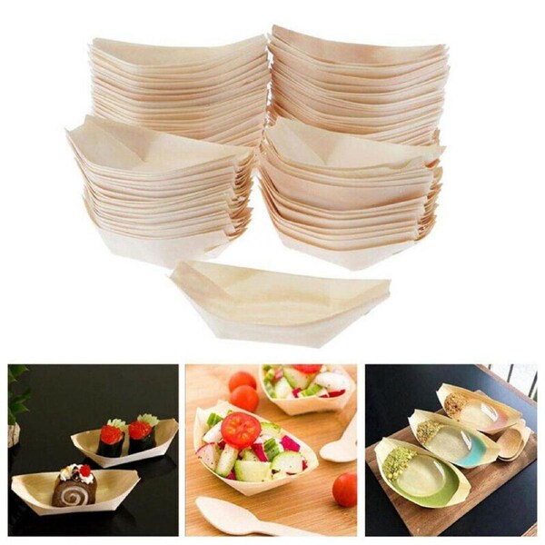 100x Disposable Serving Tray Boats Wooden Bamboo Sushi Catering Plates Bowl S