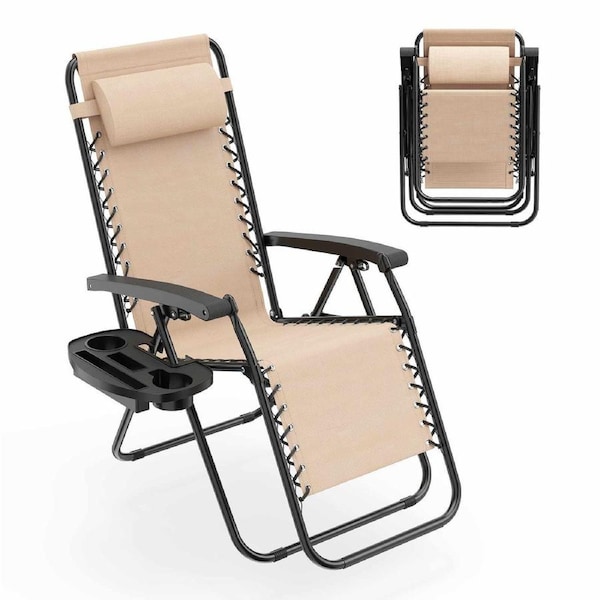 Costway Folding Zero Gravity Chair Patio Sun Lounge Recliner Adjustable Reclining Outdoor Furniture Camping Poolside w/Utility Tray Beige