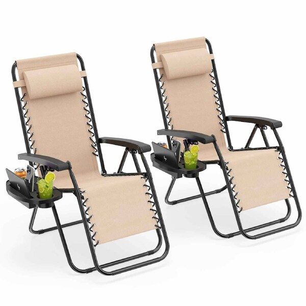 Costway 2pcs Folding Zero Gravity Chair Patio Sun Lounge Recliner Adjustable Reclining Outdoor Furniture Camping Poolside w/Utility Tray Beige
