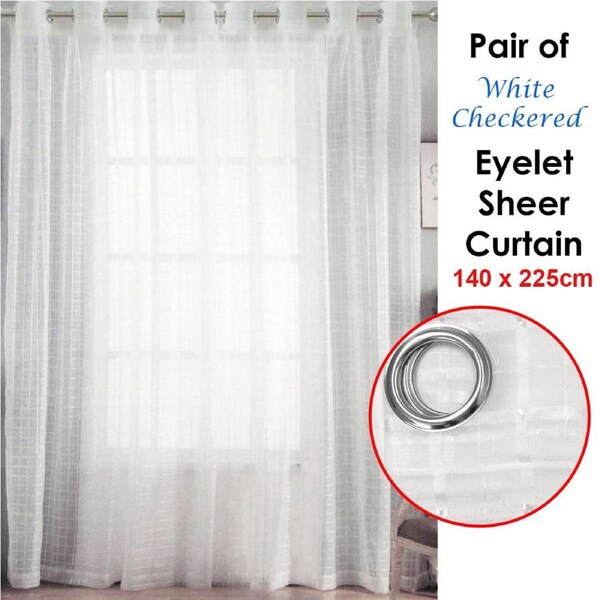 Pair of White Checkered Eyelet Sheer Curtains 140 x 225cm Easy to Install Fits Most Curtain Rods