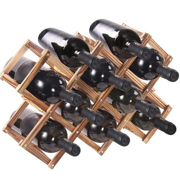 Foldable Wood Wine Rack Holder Storage, Freestanding Tabletop Wine Holder Stand Shelf for Bar Cabinet, Pantry (10 Bottles)