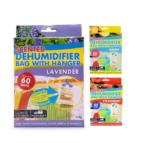Ozoffer 3x SCENTED DEHUMIDIFER BAG WITH HANGER ASSORTED ABSORBS MOISTURE 60 DAY 175g