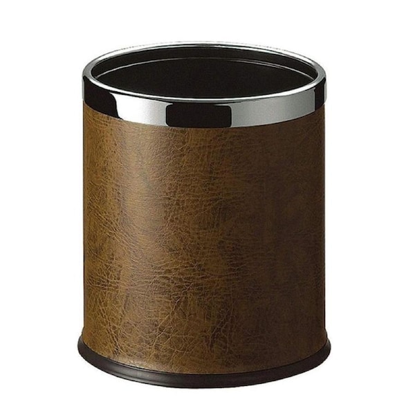 Dolphy Round Leatherette Room Bin 10L - Brown with Stainless Steel Rim, Elegant Waste Solution for Hotels & Resorts