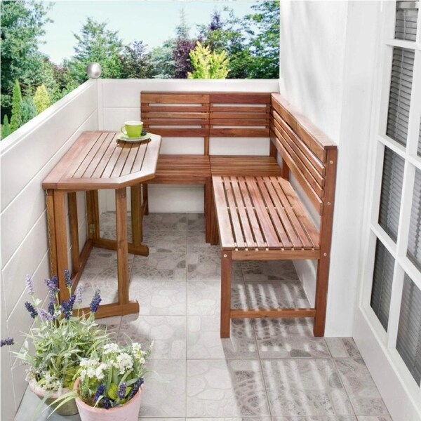 2 Pc Wooden Table & Corner Bench Seat Set Bistro Setting Outdoor Furniture Patio