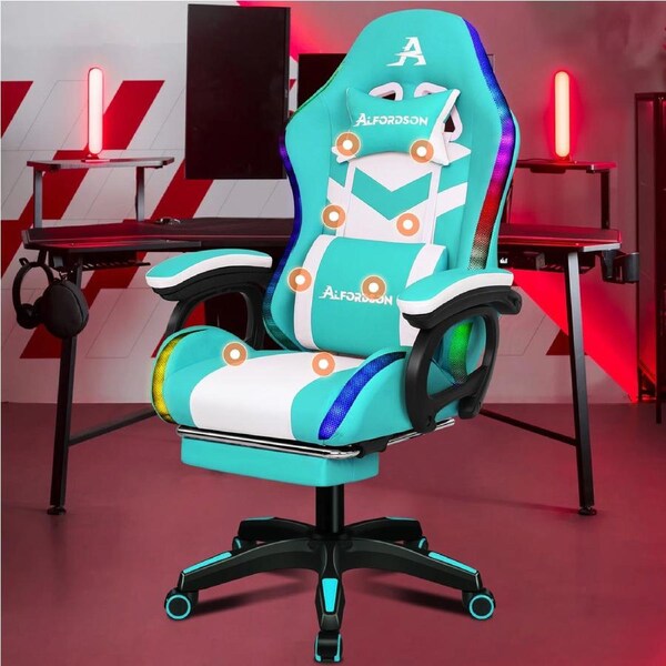 1 ALFORDSON Gaming Chair Massage LED - Cyan & White
