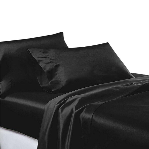 Black Silk Satin Sheet Flat Fitted Sheet Pillowcase Set Double